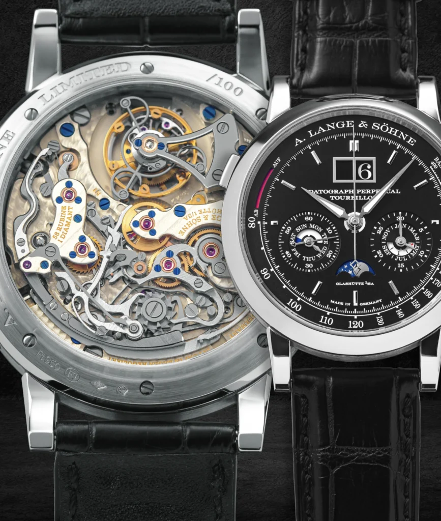  A. Lange & Söhne Datograph, features an in-house movement with an exquisitely decorated case back. 