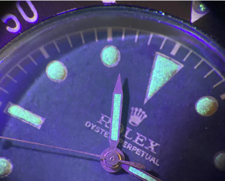  Reference 6205 Radium Lume under UV light from 1954  courtesy of     https://rolexhaven.com/   