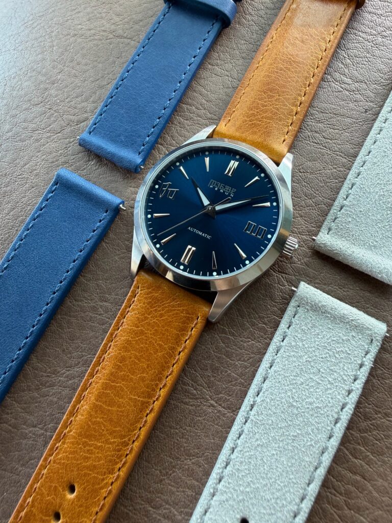 Knez Vir laid out with blue, cognac and light blue leather straps