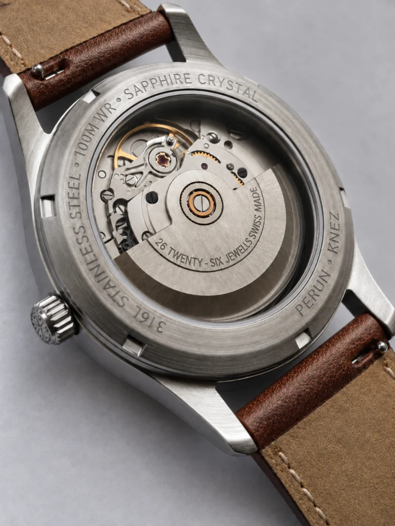 Knez Gaj sapphire caseback with the Swiss automatic movement in view