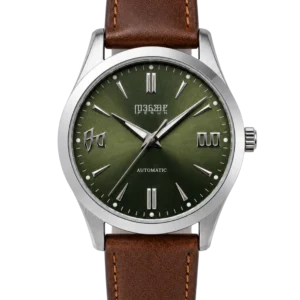 Knez Gaj, olive green sunburst dial on a dark brown leather strap