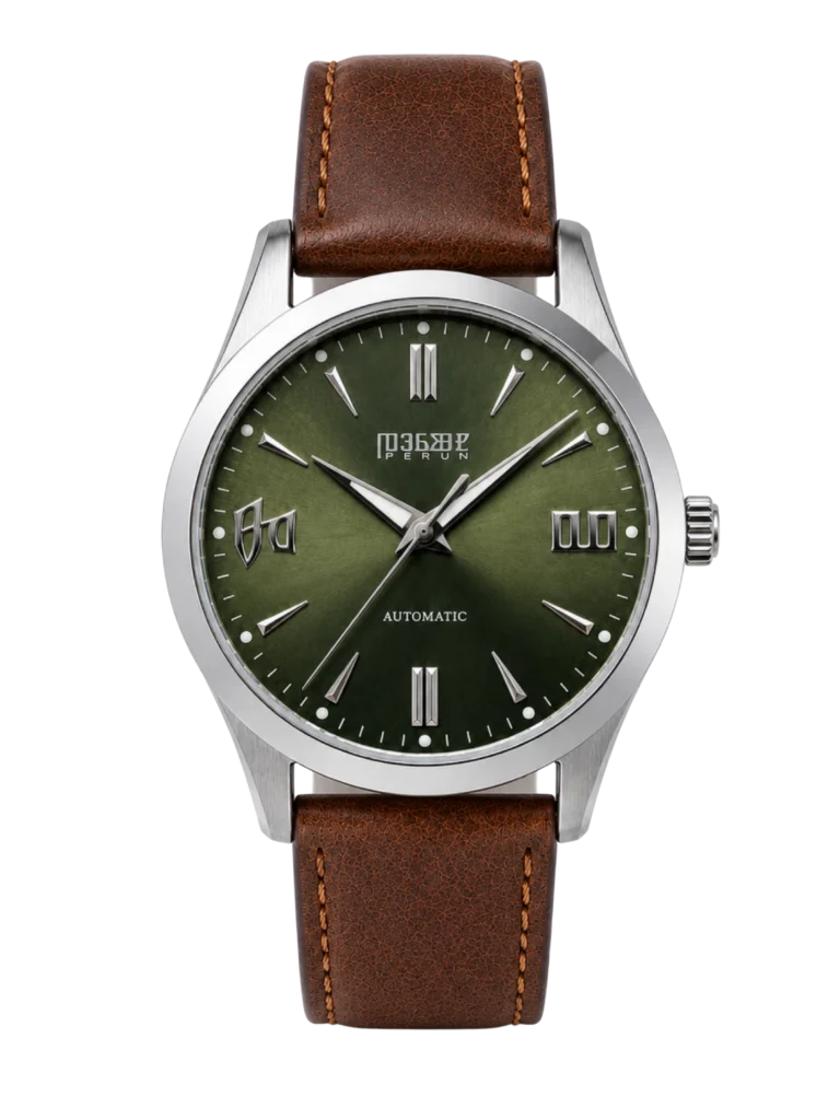 Knez Gaj, olive green sunburst dial on a dark brown leather strap
