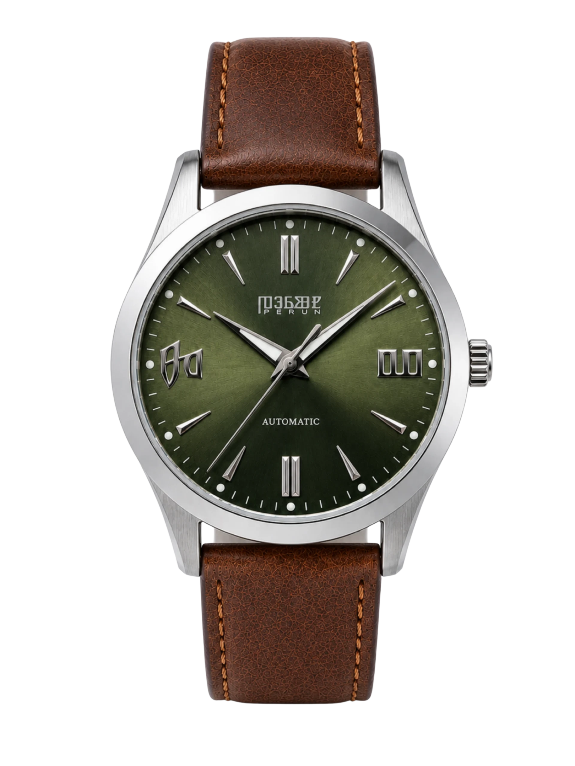 Knez Gaj, olive green sunburst dial on a dark brown leather strap