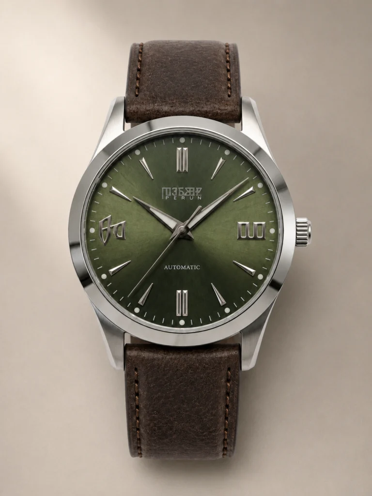 Knez Gaj, olive green sunburst dial on a deep brown leather strap