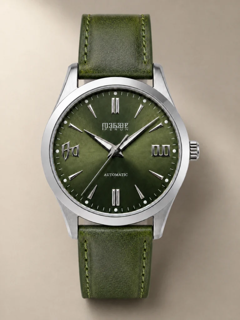 Knez Gaj, olive green sunburst dial on a moss green leather strap