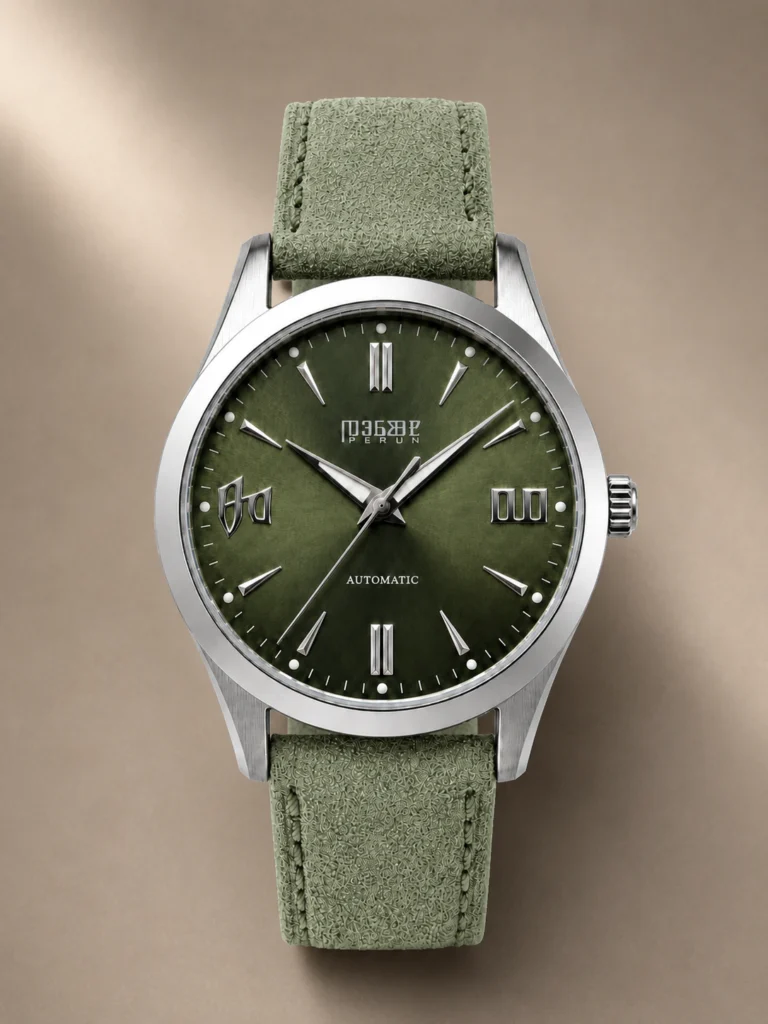 Knez Gaj, olive green sunburst dial on a sage suede strap