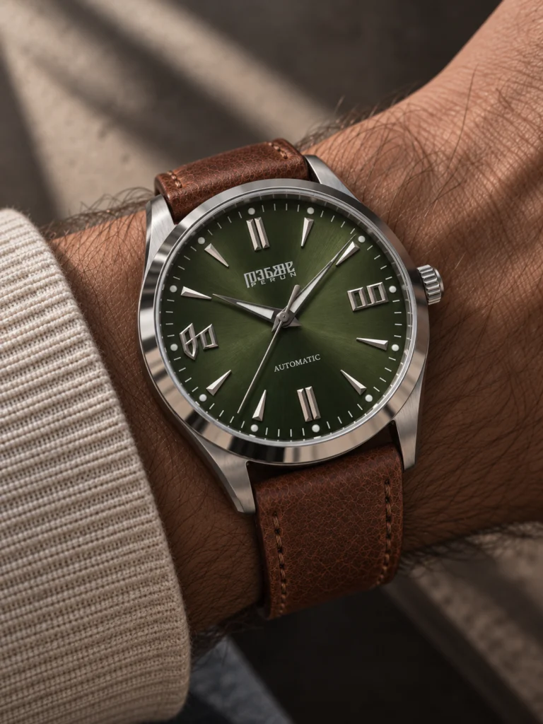 Knez Gaj on the wrist, on a brown leather strap