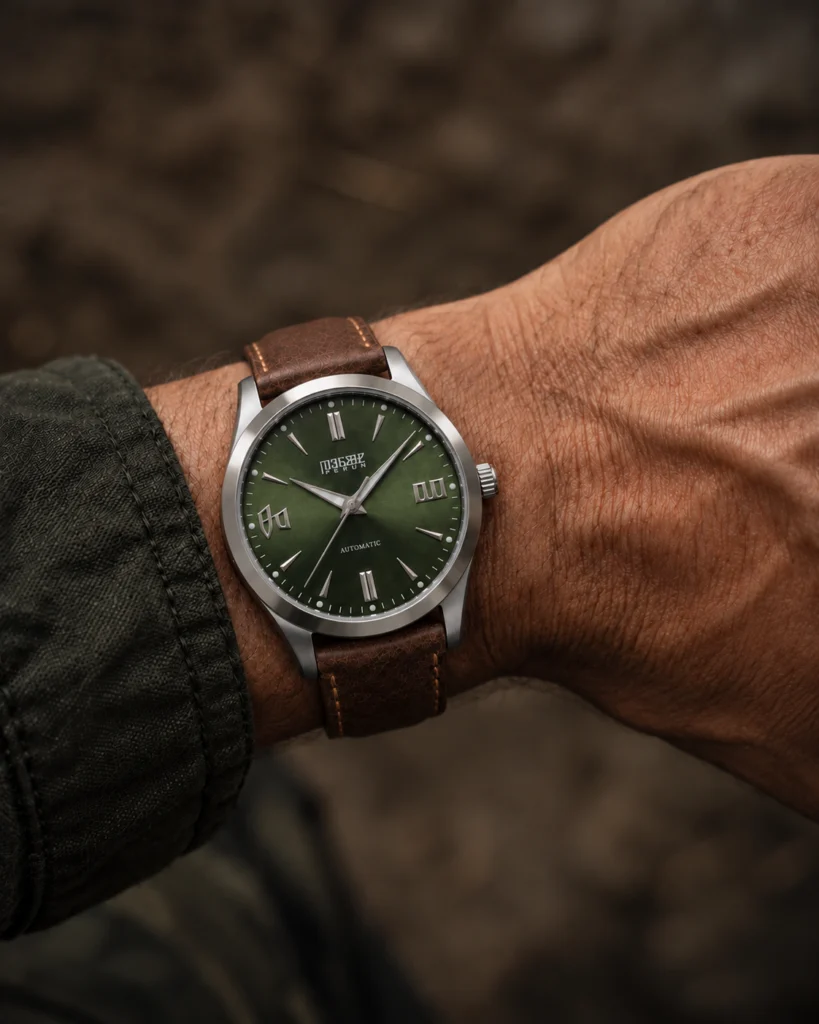 Knez Gaj on the wrist, on a brown leather strap