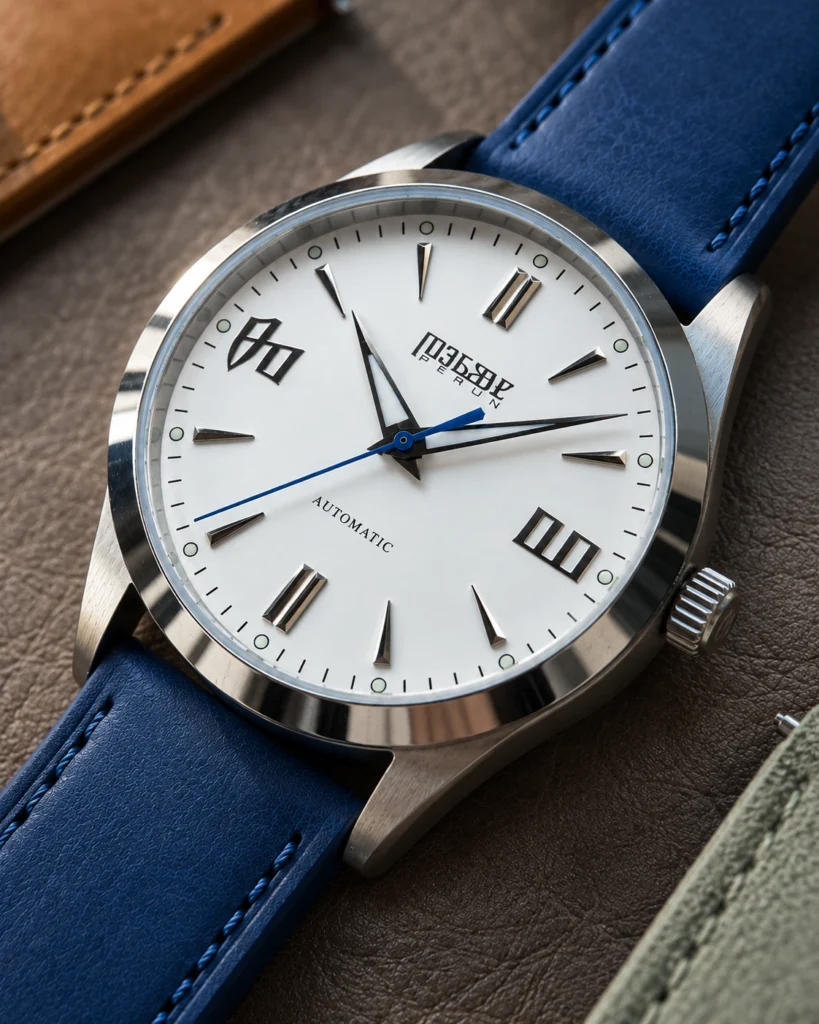 Close-up of the Knez Mraz white sunburst dial and blue seconds hand
