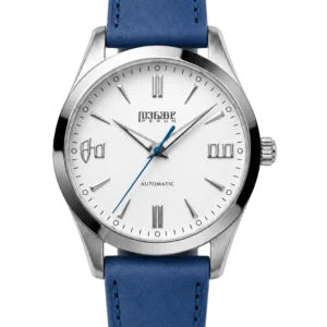 Knez Mraz, white sunburst dial on a marine blue leather strap