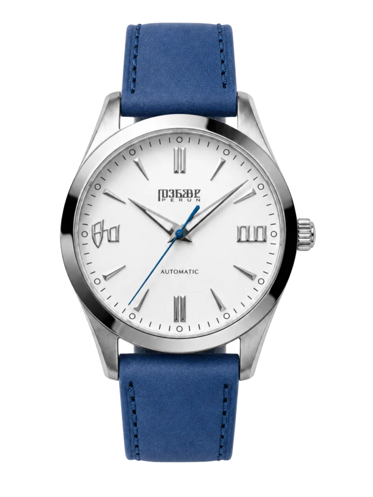 Knez Mraz, white sunburst dial on a marine blue leather strap