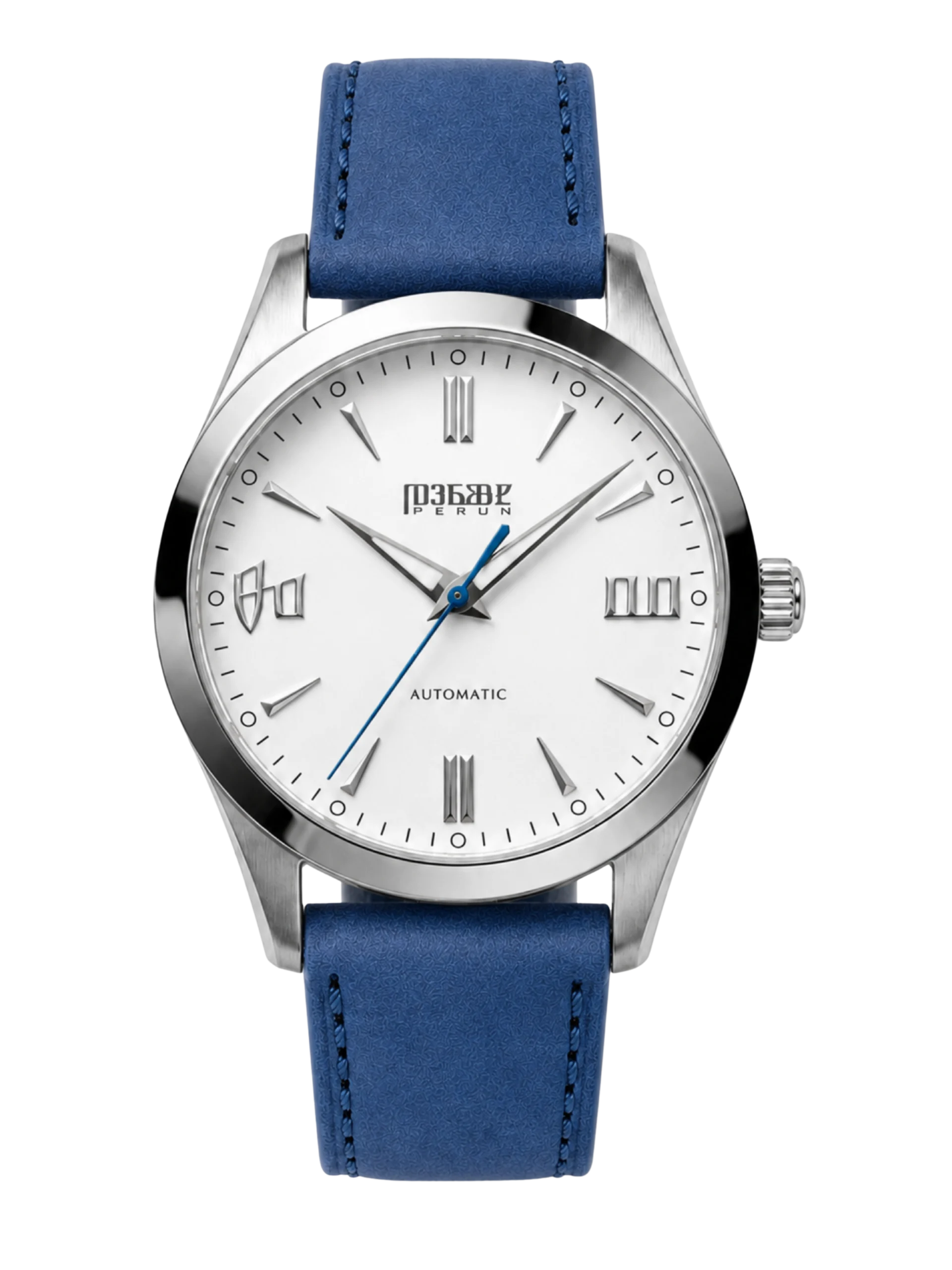 Knez Mraz, white sunburst dial on a marine blue leather strap
