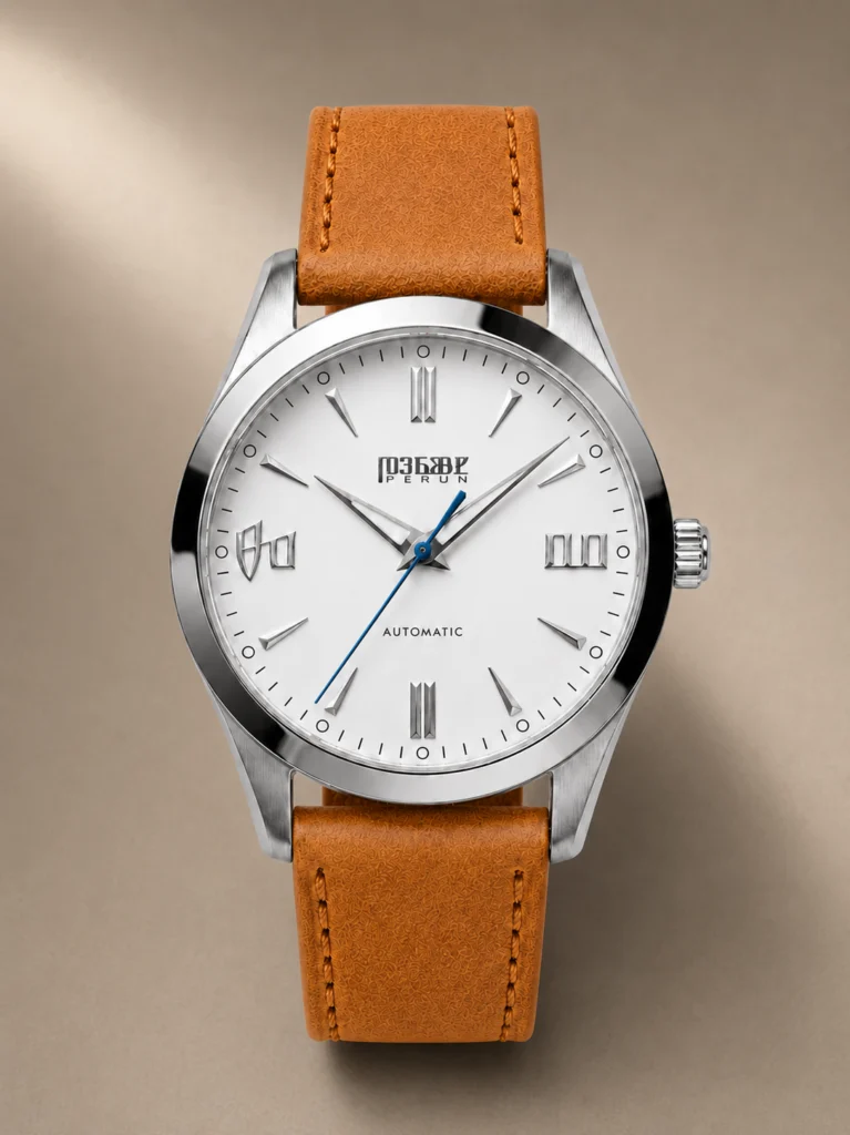 Knez Mraz, white sunburst dial with a blue seconds hand on a matte cognac leather strap