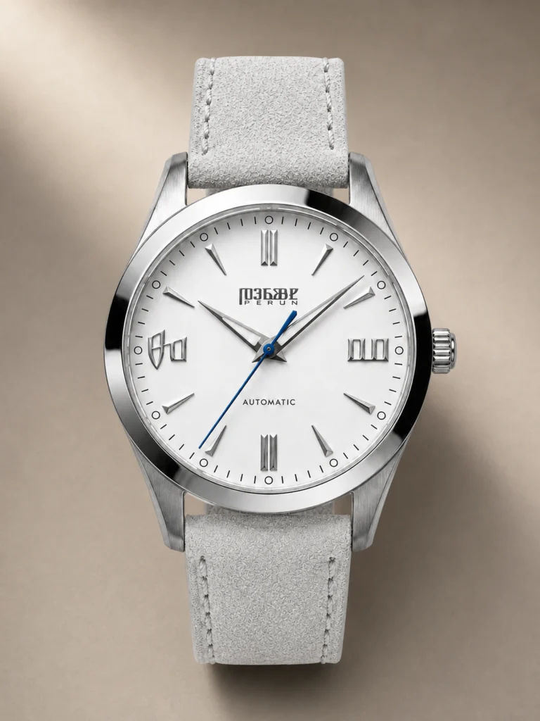 Knez Mraz, white sunburst dial with a blue seconds hand on a light grey suede strap