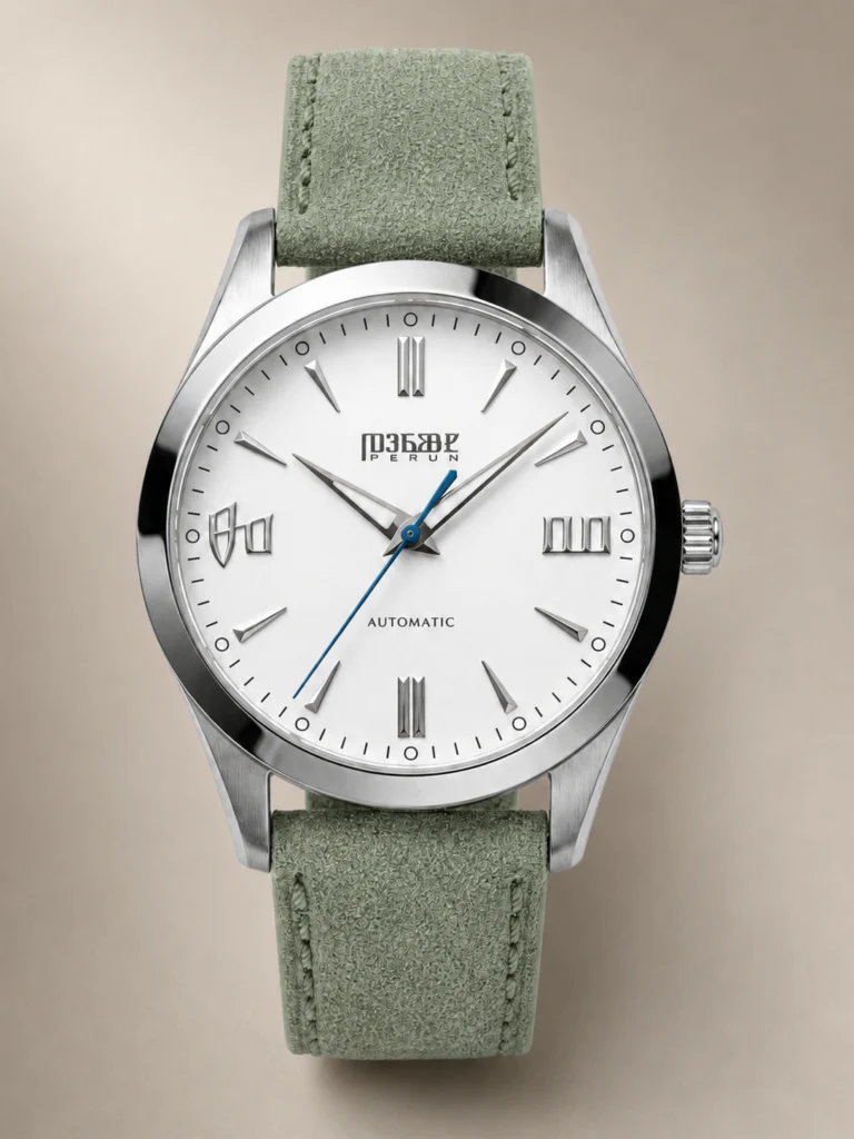 Knez Mraz, white sunburst dial with a blue seconds hand on a sage suede strap