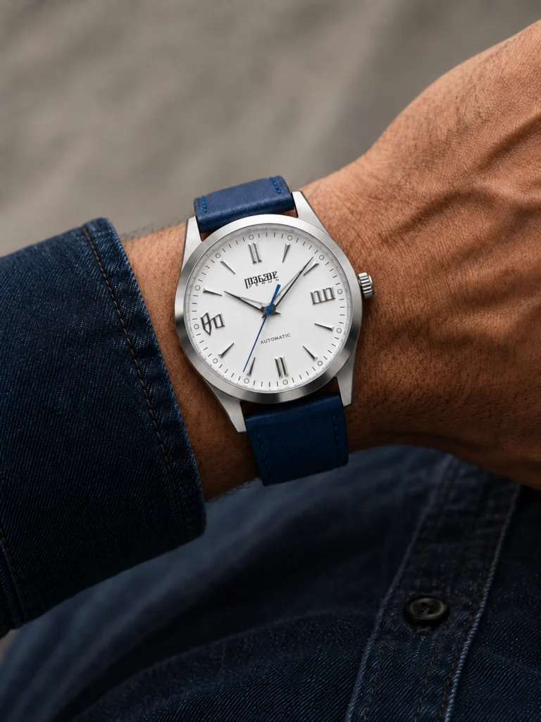 Knez Mraz on the wrist, on a marine blue leather strap