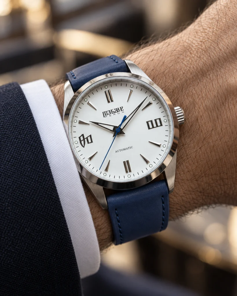 Knez Mraz on the wrist under a suit cuff, marine blue leather strap