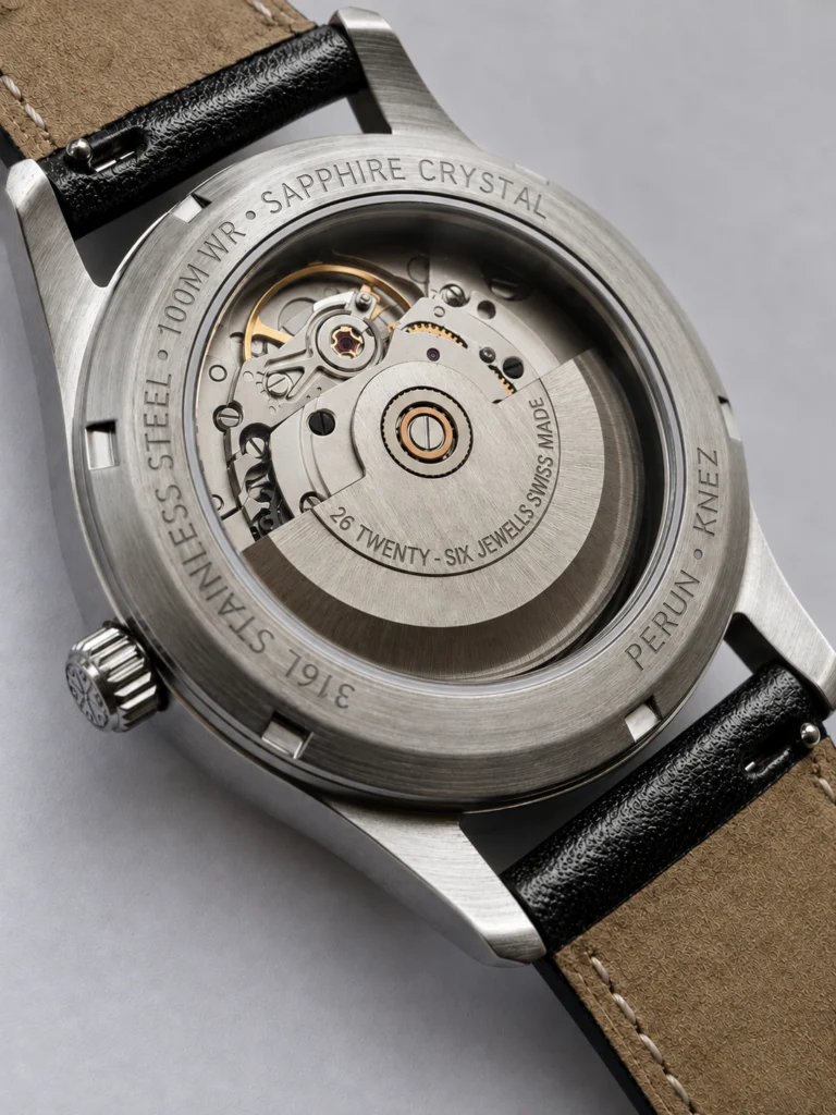 Knez Ponor sapphire caseback with the Swiss automatic movement in view
