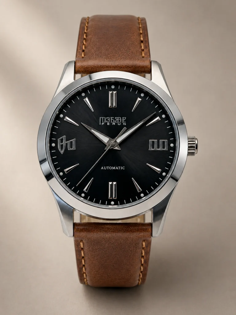 Knez Ponor, black sunburst dial on a brown leather strap