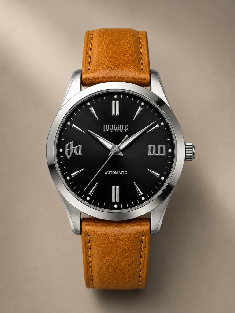 Knez Ponor, black sunburst dial on a cognac leather strap