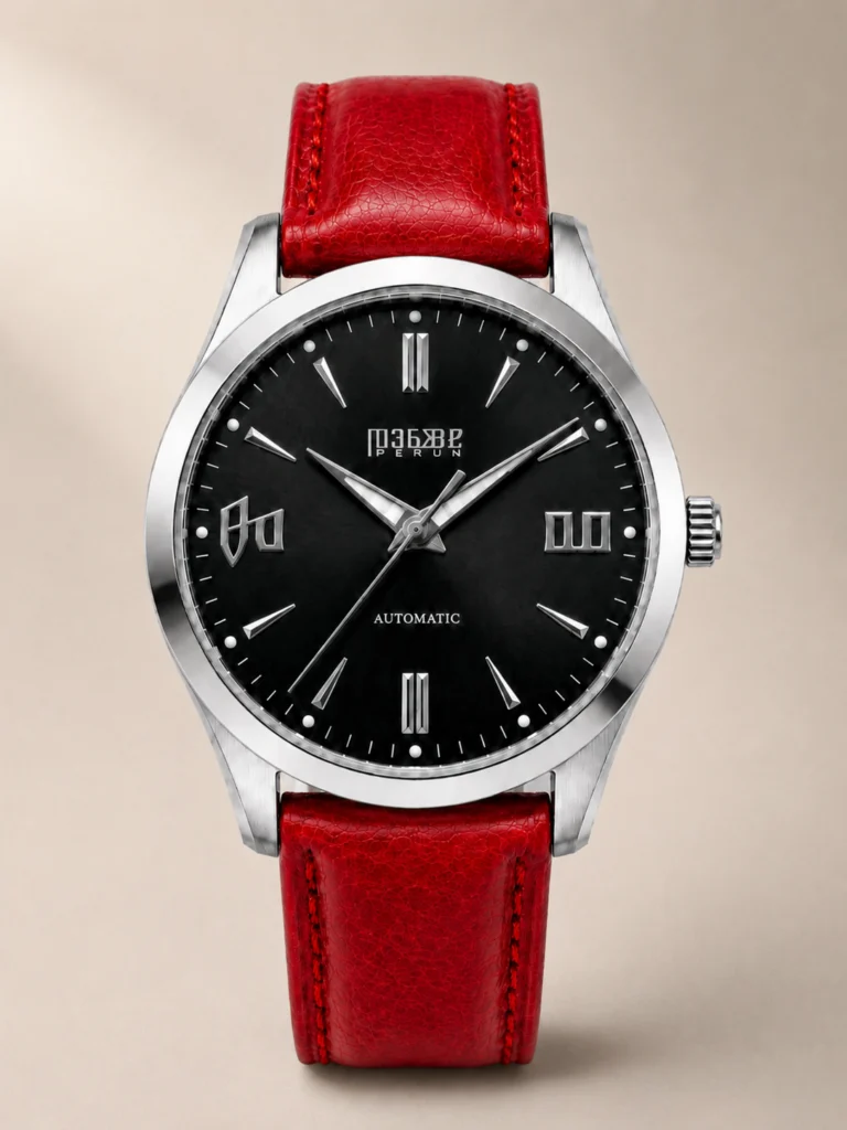 Knez Ponor, black sunburst dial on a crimson leather strap