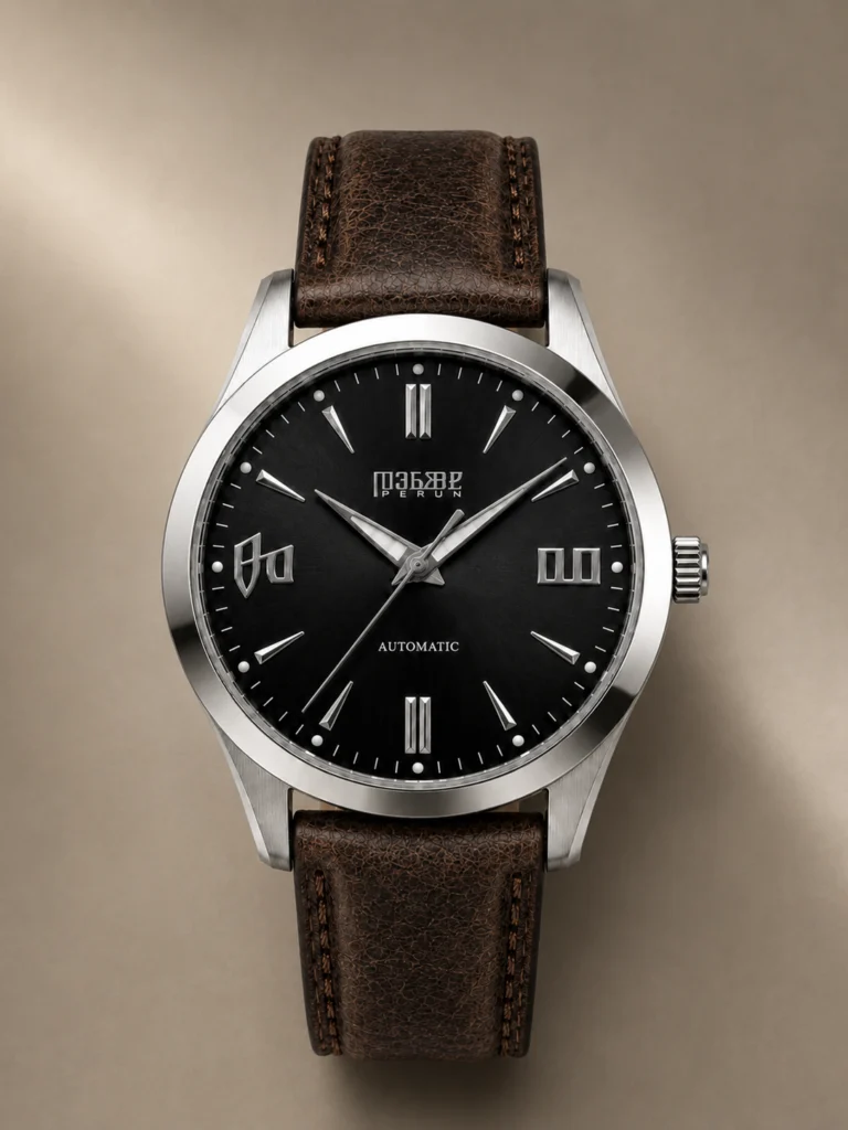 Knez Ponor, black sunburst dial on a deep brown leather strap