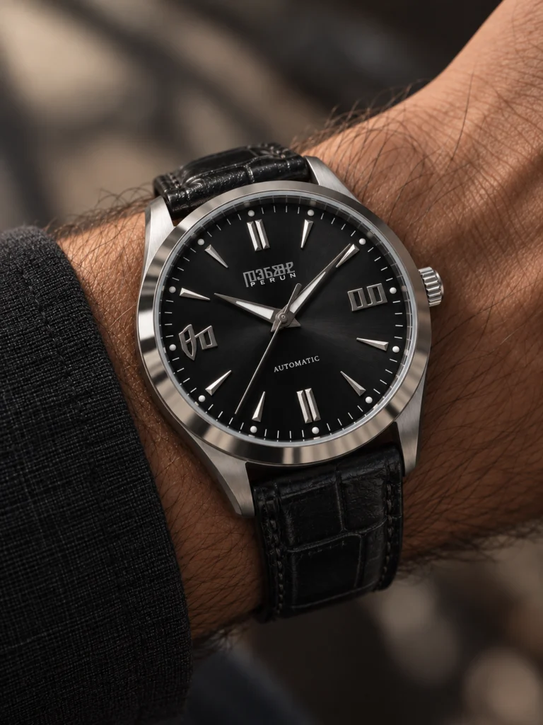 Knez Ponor on the wrist, on a black croco leather strap