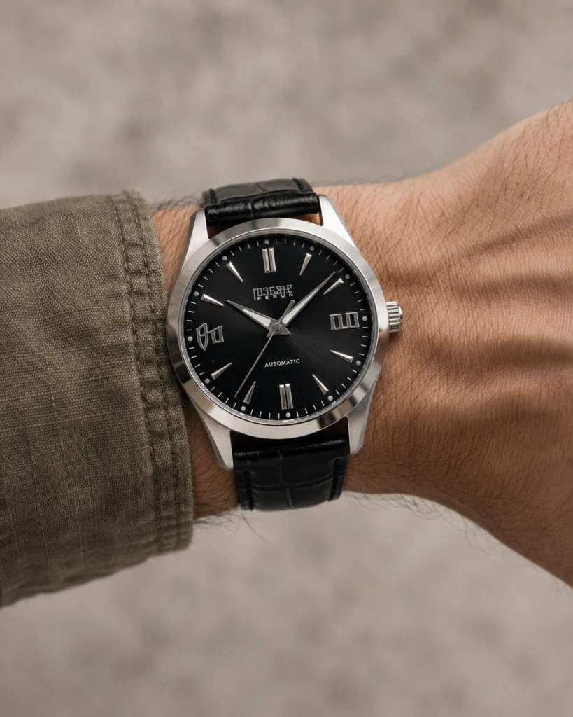 Knez Ponor on the wrist, on a black croco leather strap