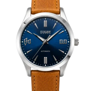 Knez Vir, blue sunburst dial on a cognac leather strap