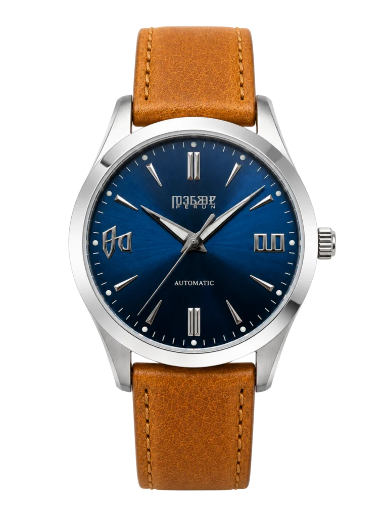 Knez Vir, blue sunburst dial on a cognac leather strap