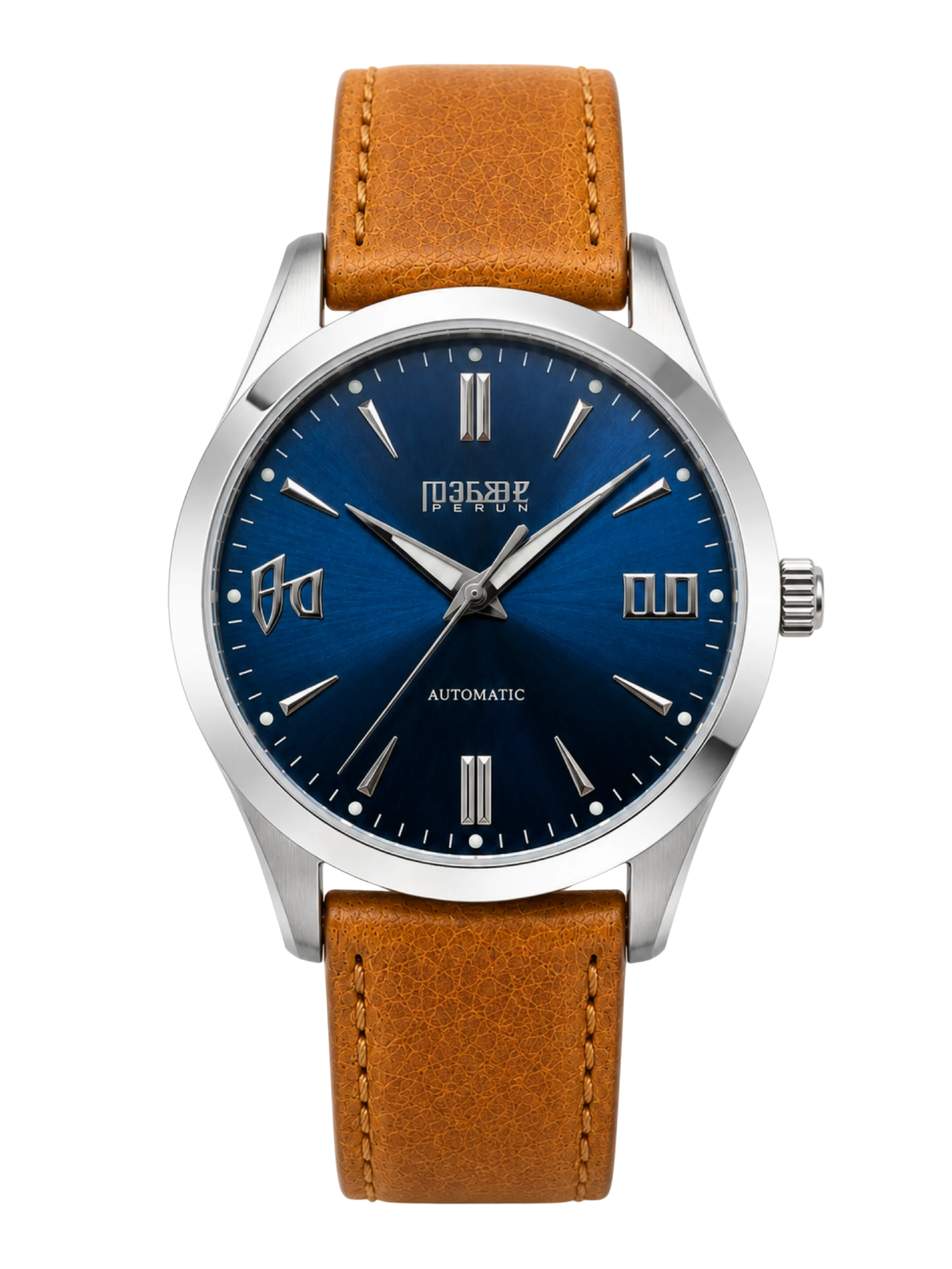 Knez Vir, blue sunburst dial on a cognac leather strap