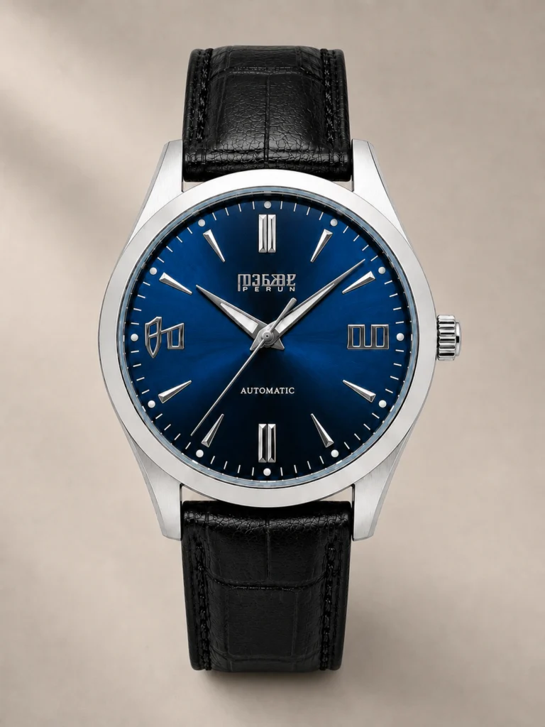 Knez Vir, blue sunburst dial on a black croco leather strap