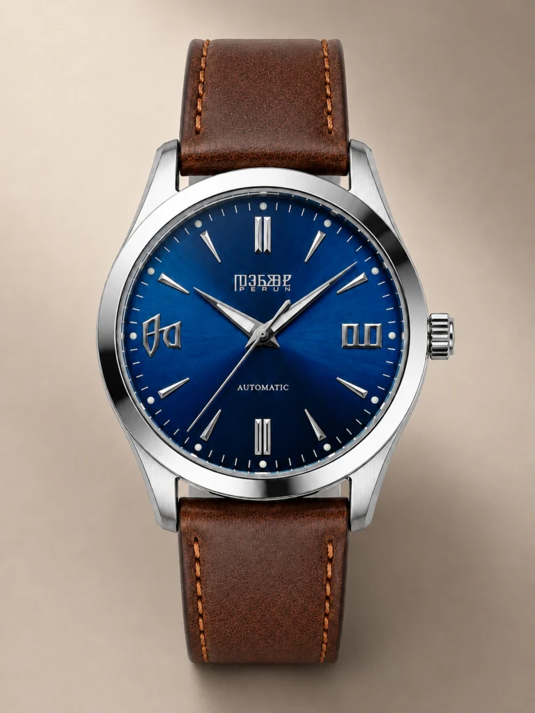 Knez Vir, blue sunburst dial on a brown leather strap