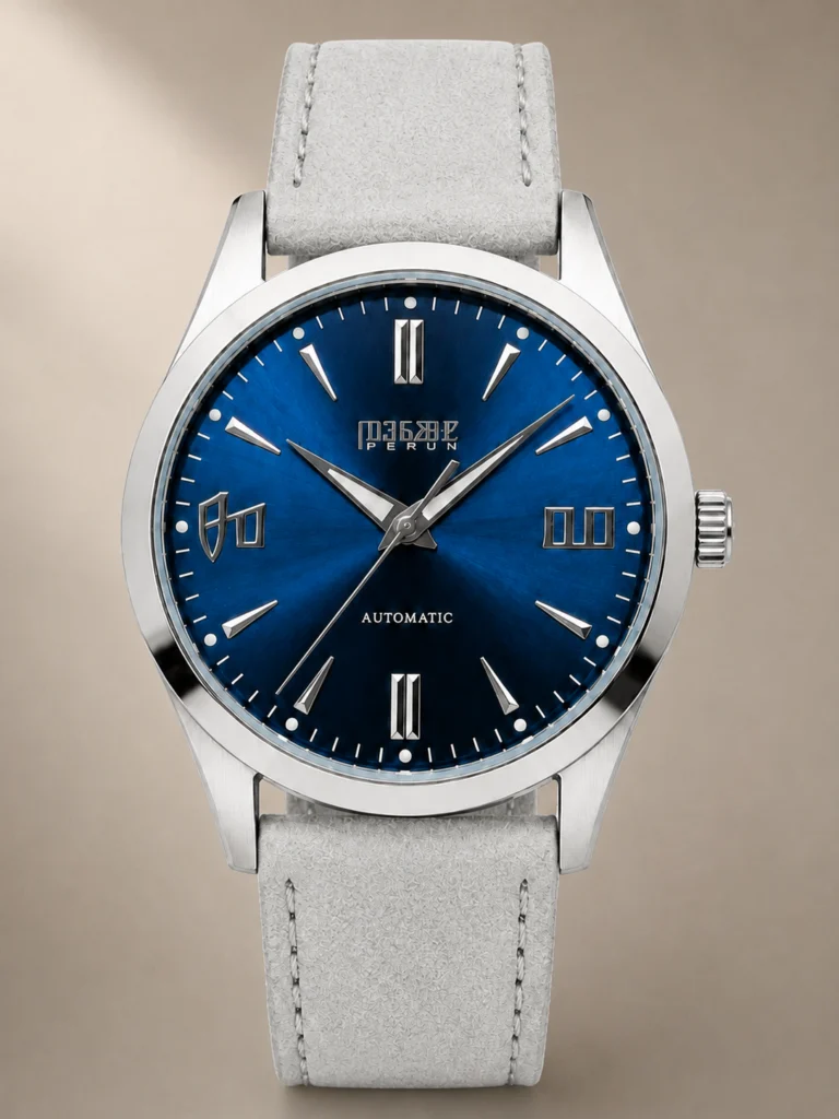 Knez Vir, blue sunburst dial on a light grey suede strap