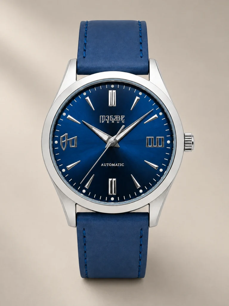 Knez Vir, blue sunburst dial on a marine blue leather strap