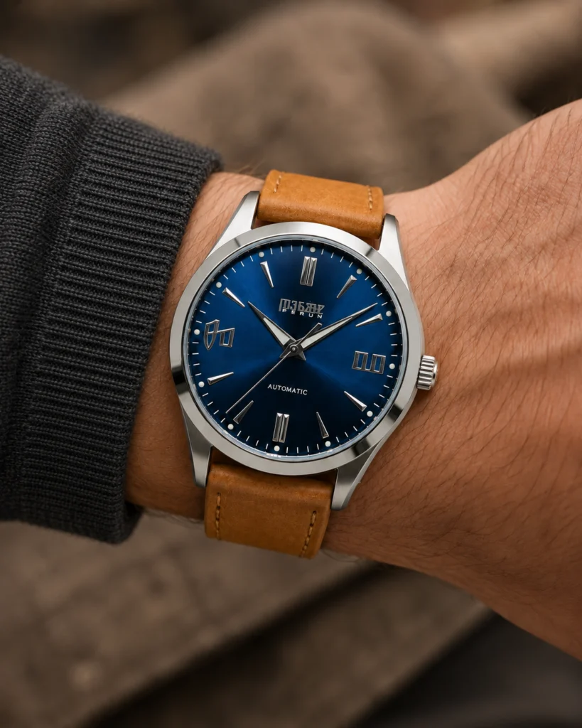 Knez Vir on the wrist, on a cognac leather strap