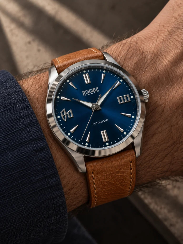 Knez Vir on the wrist, on a cognac leather strap