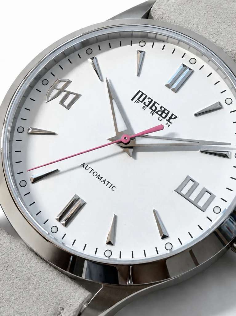 Close-up of the Knez Zora dial and its pink seconds hand