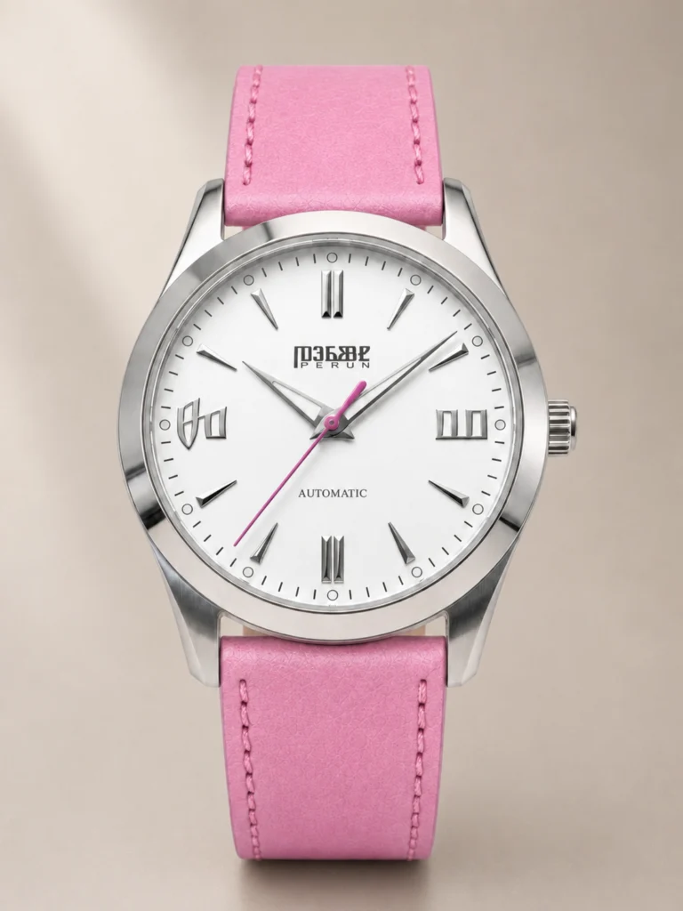 Knez Zora, white sunburst dial with a pink seconds hand on a pink leather strap