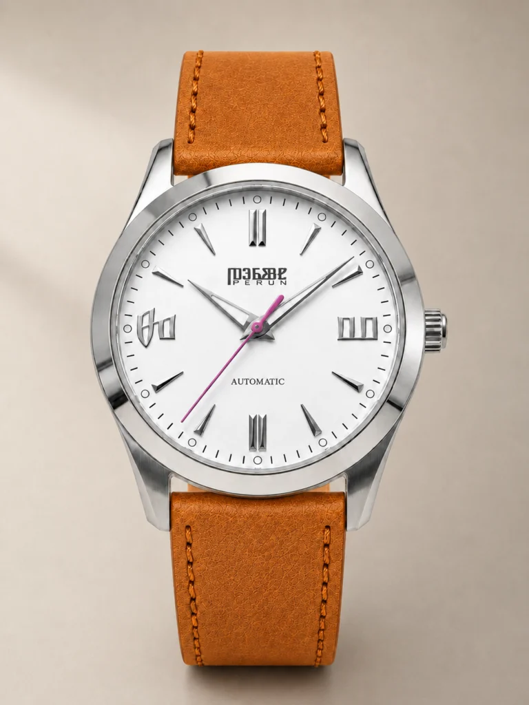 Knez Zora, white sunburst dial with a pink seconds hand on a matte cognac leather strap