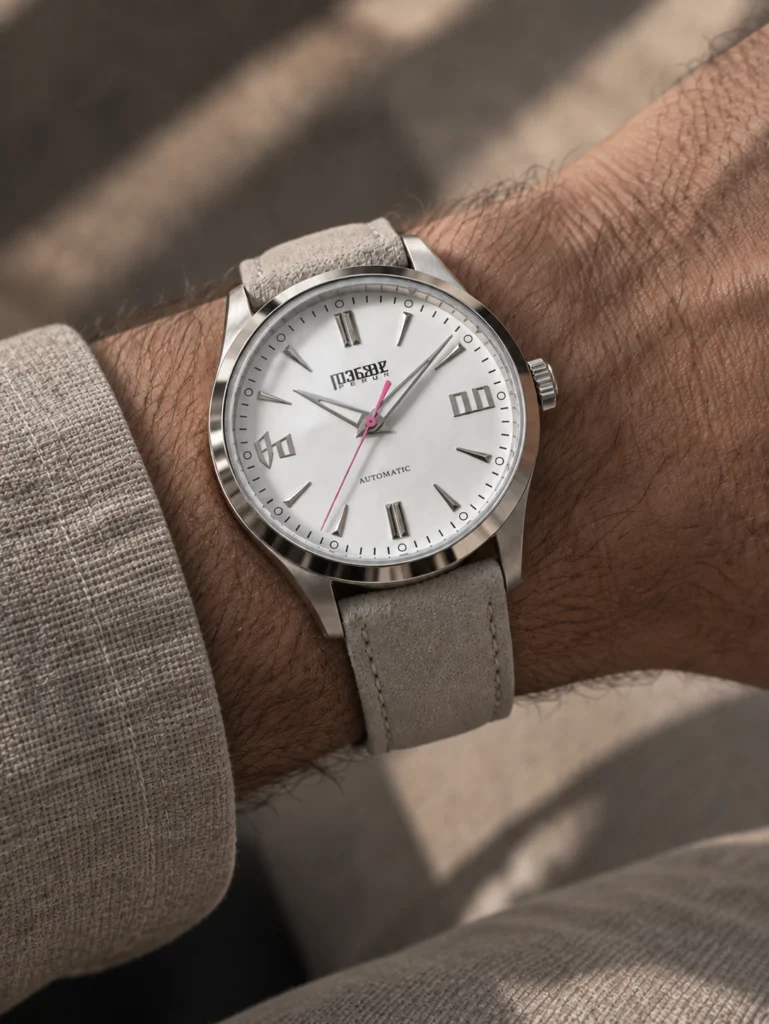 Knez Zora on the wrist, on a light grey suede strap