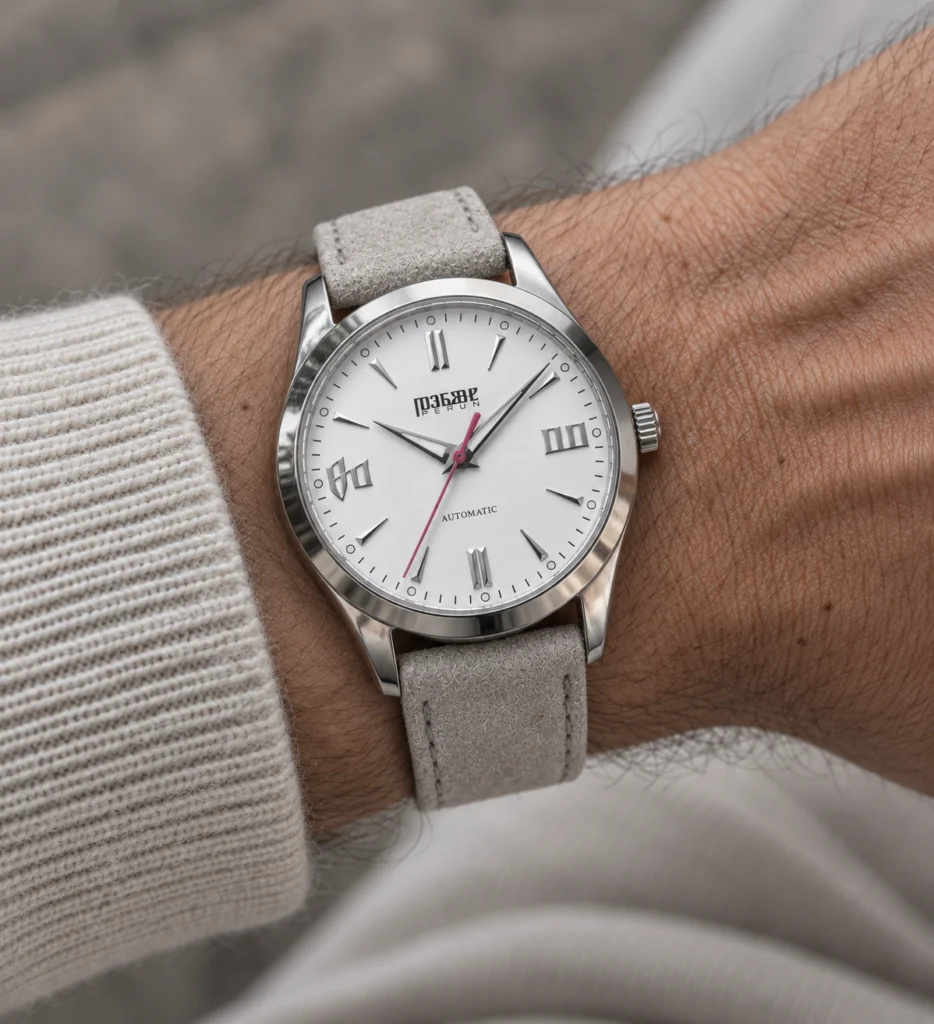 Knez Zora on the wrist, on a light grey suede strap