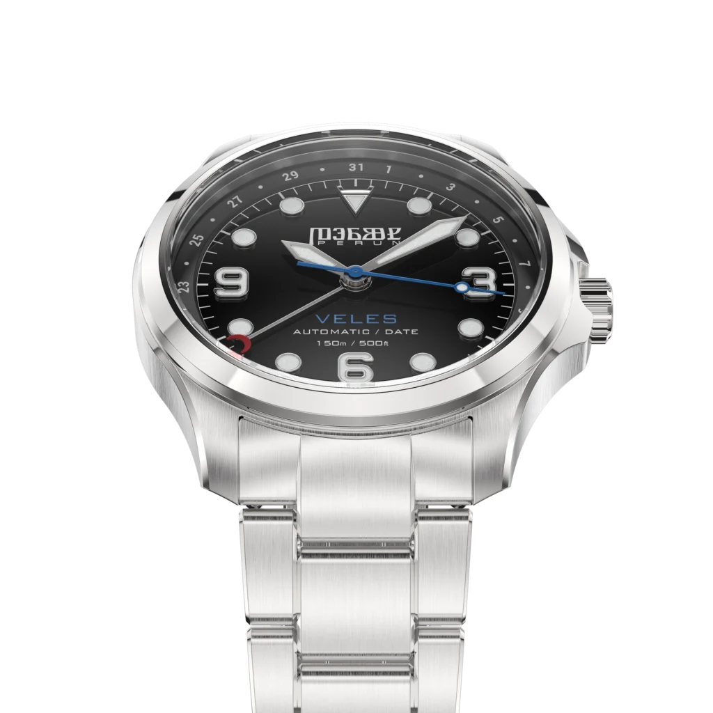 Veles Midnight Black, black enamel dial on a steel bracelet