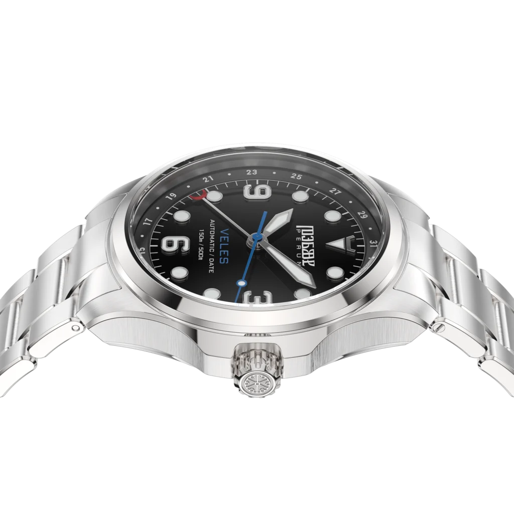 Veles Midnight Black on its steel bracelet, seen from the crown side