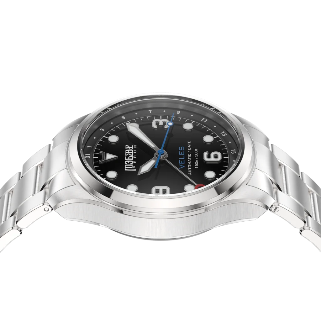Veles Midnight Black on its steel bracelet, seen from the side
