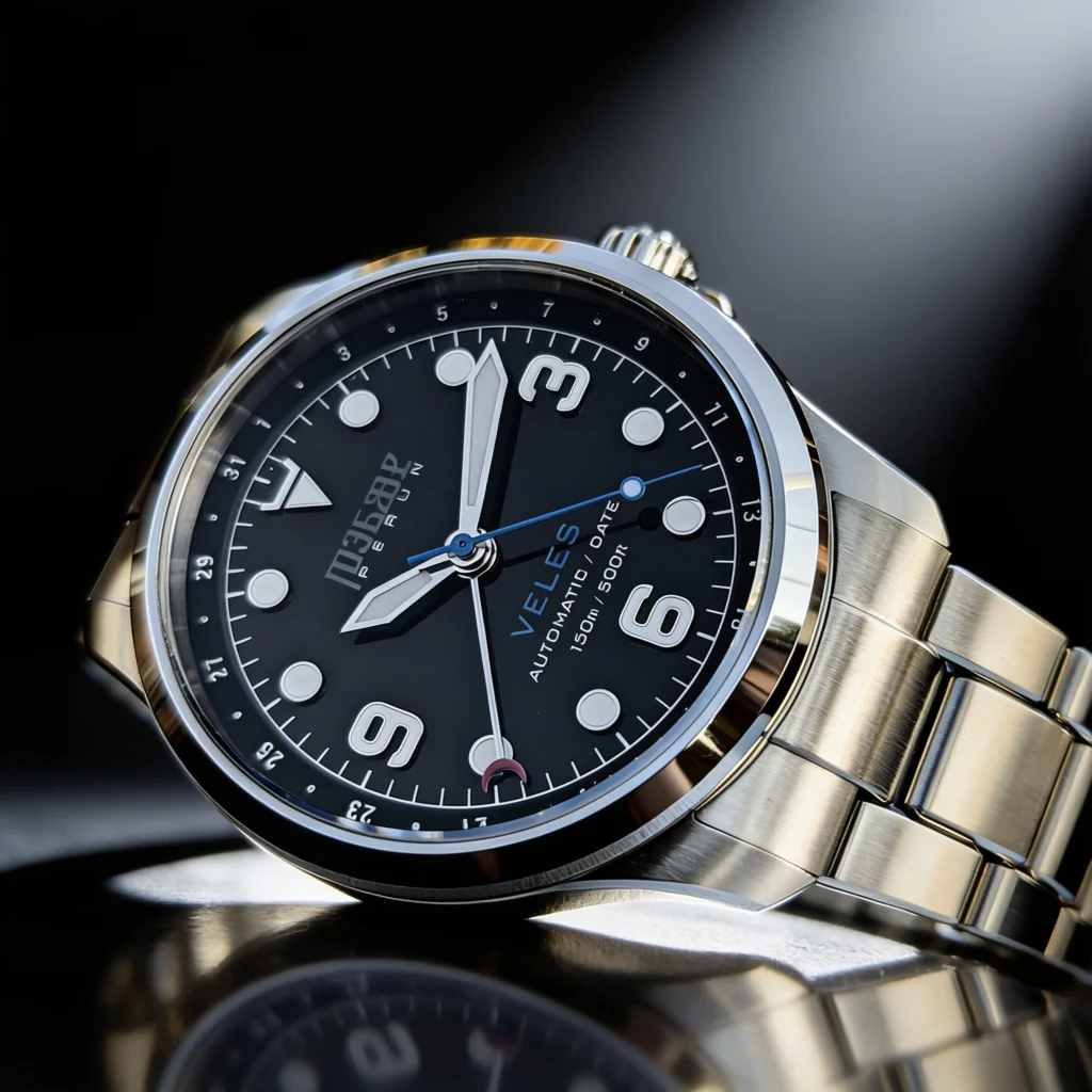 Veles Midnight Black on its steel bracelet, close-up