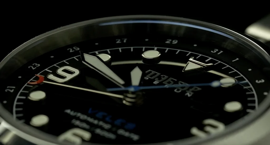 Close-up of the Veles Midnight Black dial