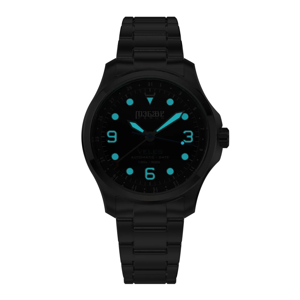 Veles Midnight Black in the dark, its Super‑LumiNova® glowing blue