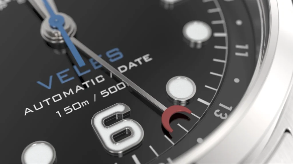Close-up of the Veles Midnight Black dial and its pointer date