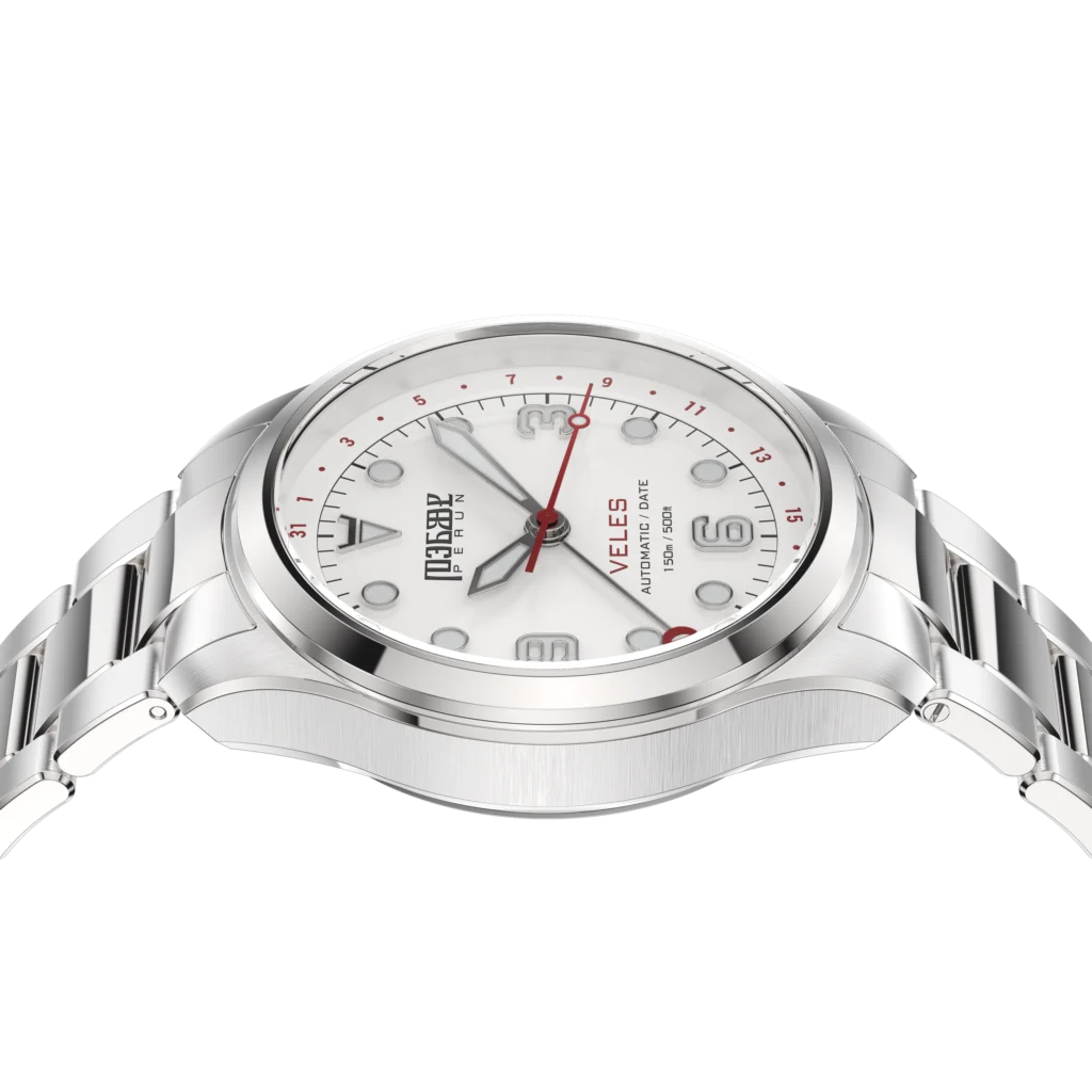 Veles Pearl White on its steel bracelet, seen from the side